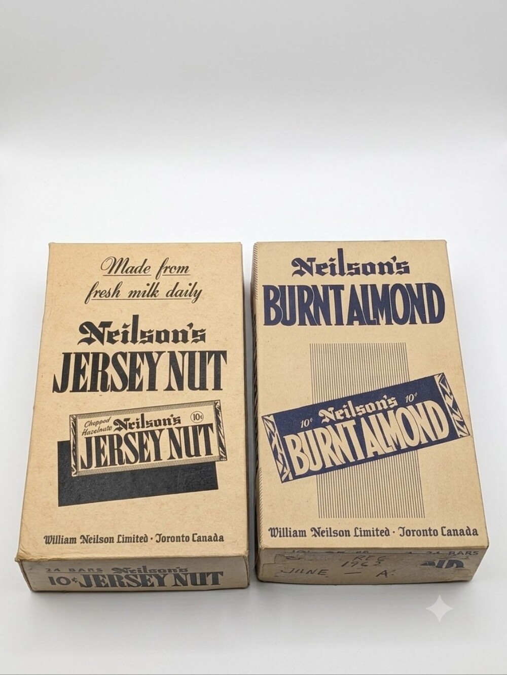 1962 Neilson's 24ct Chocolate Bars Display Boxes (Set of 2) Jersey Nut, Almond
